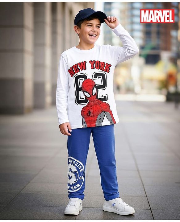 Pine Kids Marvel Terry Knit Full Sleeves Oversized T-Shirt & Track Pant with Spider-Man Graphic & Badge Detailing - White & Blue