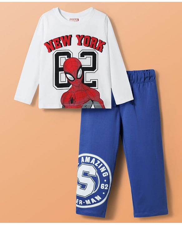 Pine Kids Marvel Terry Knit Full Sleeves Oversized T-Shirt & Track Pant with Spider-Man Graphic & Badge Detailing - White & Blue