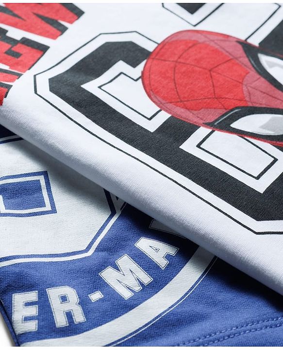 Pine Kids Marvel Terry Knit Full Sleeves Oversized T-Shirt & Track Pant with Spider-Man Graphic & Badge Detailing - White & Blue