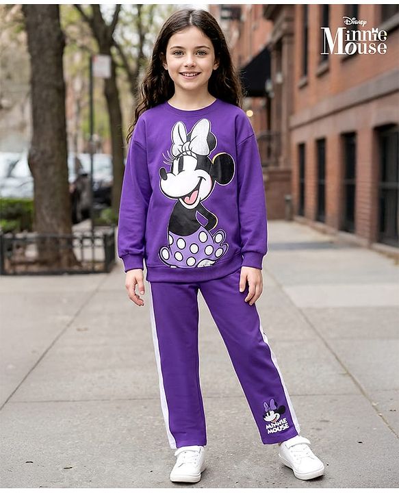 Pine Kids Disney Terry Knit Drop Shoulder Full Sleeves T-Shirt & Lounge Pant Set with Minnie Mouse Graphic - Purple