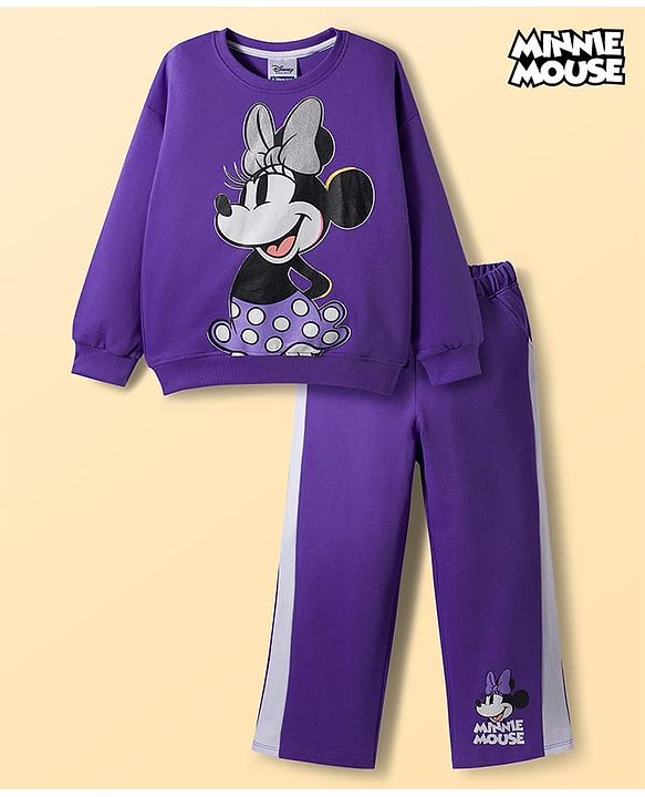 Pine Kids Disney Terry Knit Drop Shoulder Full Sleeves T-Shirt & Lounge Pant Set with Minnie Mouse Graphic - Purple