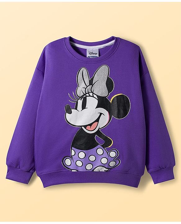 Pine Kids Disney Terry Knit Drop Shoulder Full Sleeves T-Shirt & Lounge Pant Set with Minnie Mouse Graphic - Purple