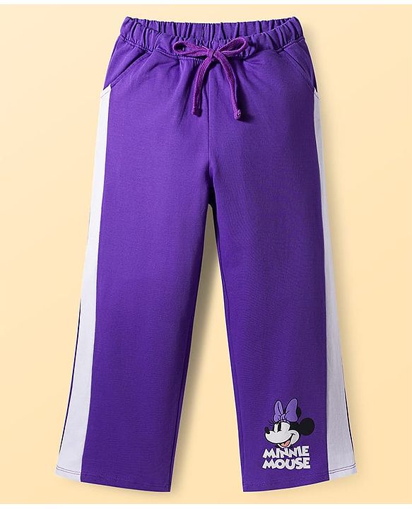 Pine Kids Disney Terry Knit Drop Shoulder Full Sleeves T-Shirt & Lounge Pant Set with Minnie Mouse Graphic - Purple