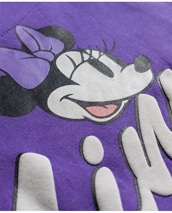 Pine Kids Disney Terry Knit Drop Shoulder Full Sleeves T-Shirt & Lounge Pant Set with Minnie Mouse Graphic - Purple
