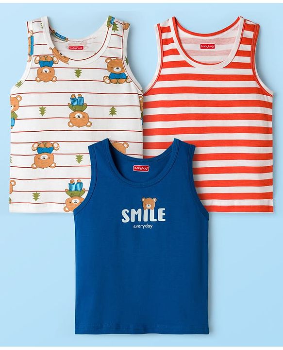 Babyhug 100% Cotton Single Jersey Knit Sandos With Bear Print Pack of 3 - Blue Red & White