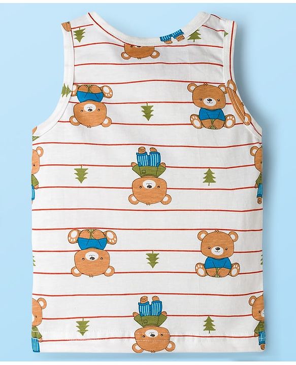 Babyhug 100% Cotton Single Jersey Knit Sandos With Bear Print Pack of 3 - Blue Red & White