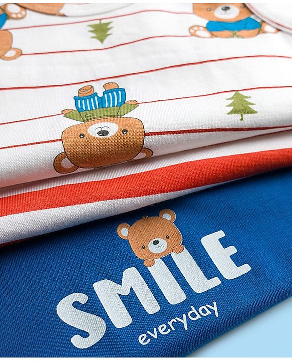 Babyhug 100% Cotton Single Jersey Knit Sandos With Bear Print Pack of 3 - Blue Red & White