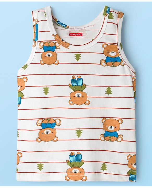 Babyhug 100% Cotton Single Jersey Knit Sandos With Bear Print Pack of 3 - Blue Red & White