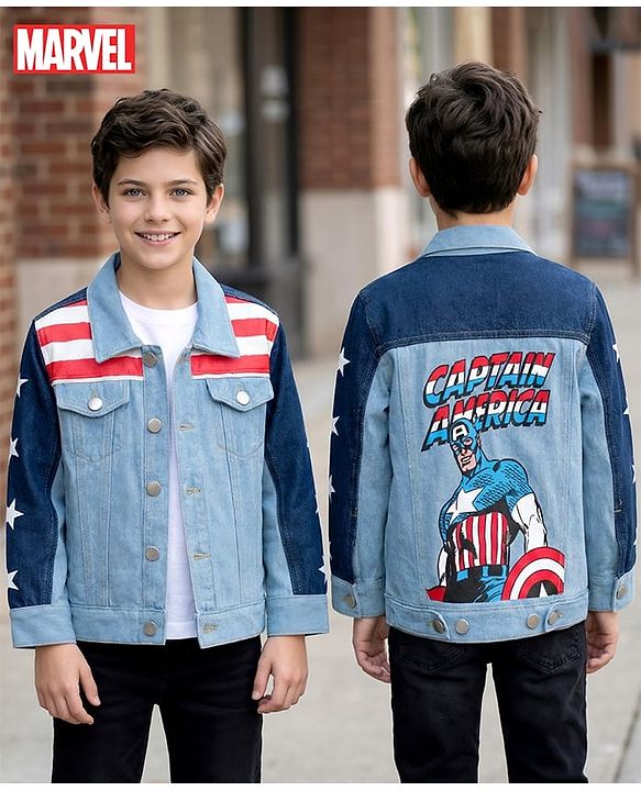 Pine Kids Marvel Woven Full Sleeves Cut & Sew Denim Jacket With Front and Back Captain America Graphics - Light Blue