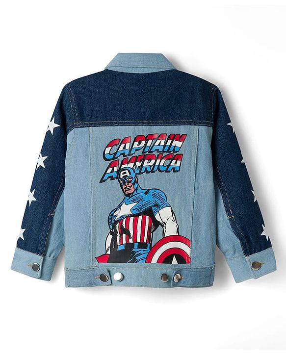 Pine Kids Marvel Woven Full Sleeves Cut & Sew Denim Jacket With Front and Back Captain America Graphics - Light Blue