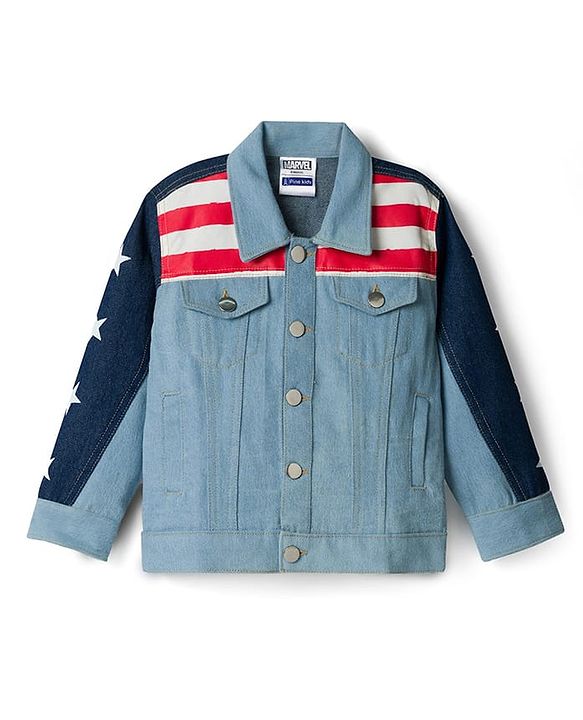 Pine Kids Marvel Woven Full Sleeves Cut & Sew Denim Jacket With Front and Back Captain America Graphics - Light Blue