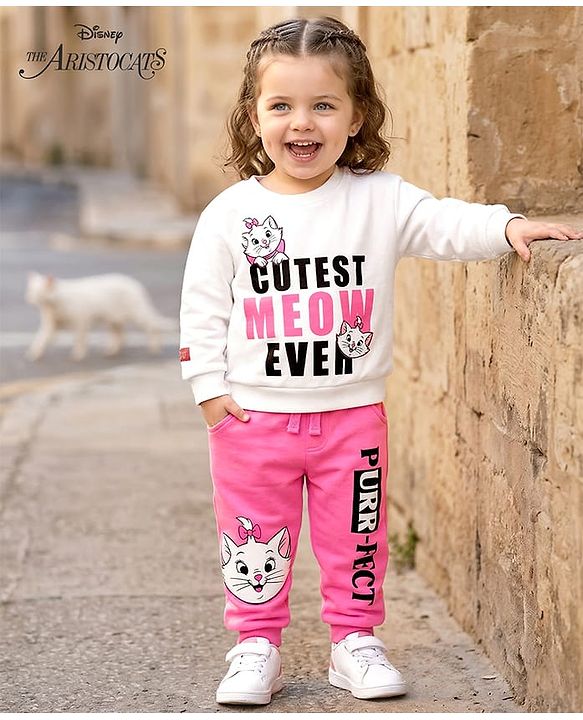 Babyhug Disney Terry Knit Full Sleeves T-Shirt & Track Pant Set with Marie Graphic - Pink & White