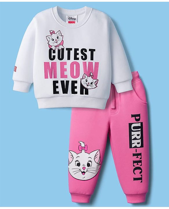 Babyhug Disney Terry Knit Full Sleeves T-Shirt & Track Pant Set with Marie Graphic - Pink & White