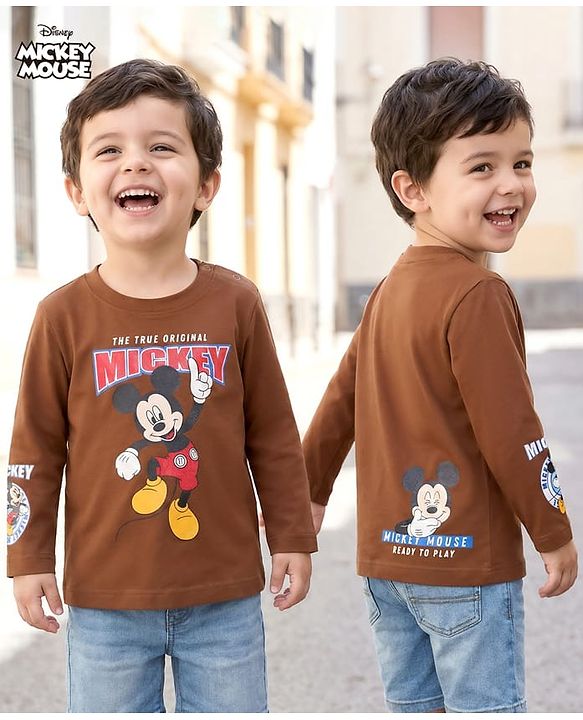 Babyhug Disney Single Jersey Knit Full Sleeves T-Shirt with Mickey Mouse Front & Back Graphic - Brown