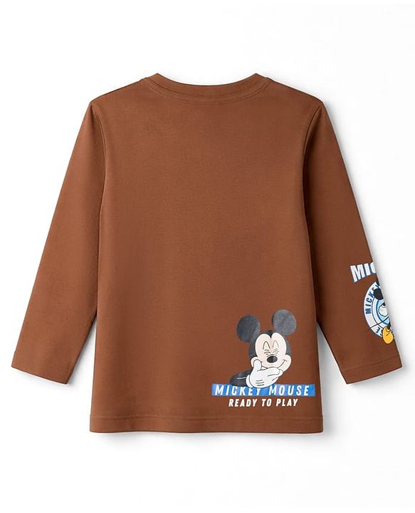 Babyhug Disney Single Jersey Knit Full Sleeves T-Shirt with Mickey Mouse Front & Back Graphic - Brown