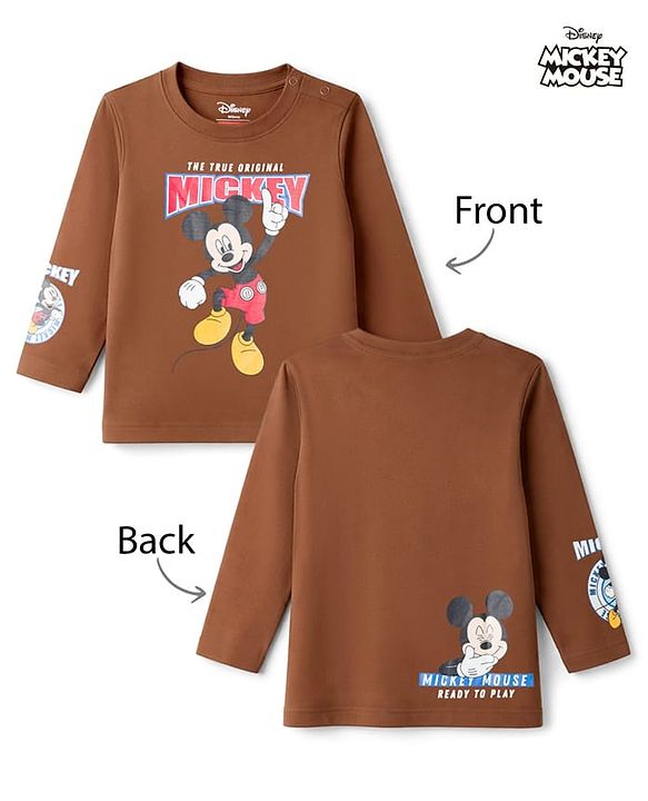 Babyhug Disney Single Jersey Knit Full Sleeves T-Shirt with Mickey Mouse Front & Back Graphic - Brown