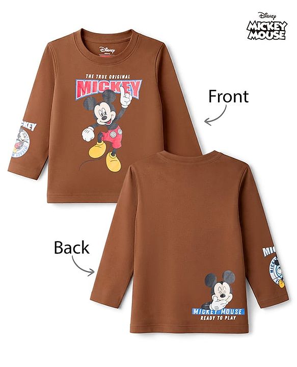 Babyhug Disney Single Jersey Knit Full Sleeves T-Shirt with Mickey Mouse Front & Back Graphic - Brown