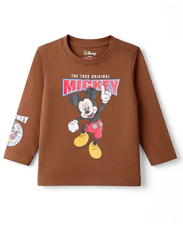 Babyhug Disney Single Jersey Knit Full Sleeves T-Shirt with Mickey Mouse Front & Back Graphic - Brown