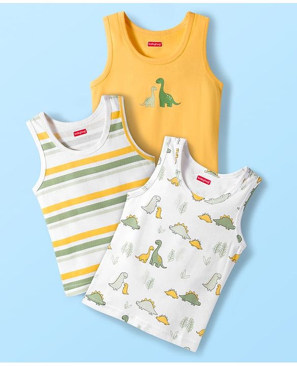 Babyhug 100% Cotton Knit Sleeveless Sando with Dino Print Pack of 3 - Multicolor
