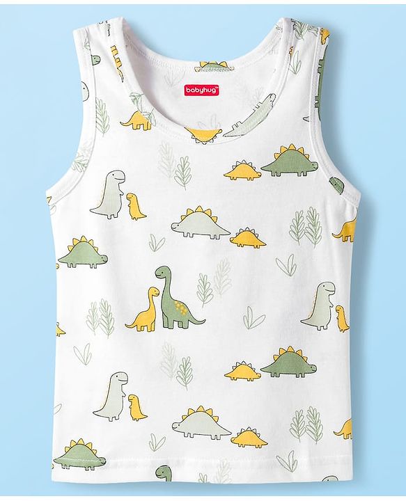 Babyhug 100% Cotton Knit Sleeveless Sando with Dino Print Pack of 3 - Multicolor