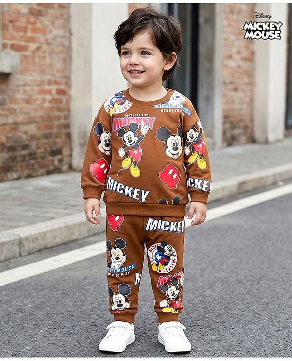 Babyhug Disney Terry Knit Full Sleeves Co-ords T-Shirt & Lounge Pant Set with Mickey Mouse Print - Brown