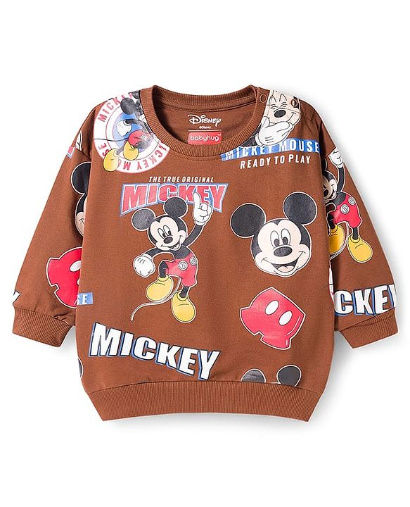 Babyhug Disney Terry Knit Full Sleeves Co-ords T-Shirt & Lounge Pant Set with Mickey Mouse Print - Brown
