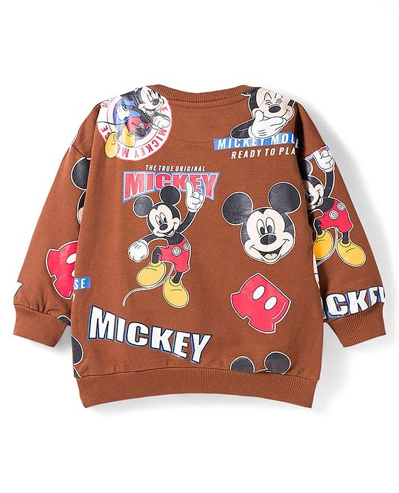 Babyhug Disney Terry Knit Full Sleeves Co-ords T-Shirt & Lounge Pant Set with Mickey Mouse Print - Brown