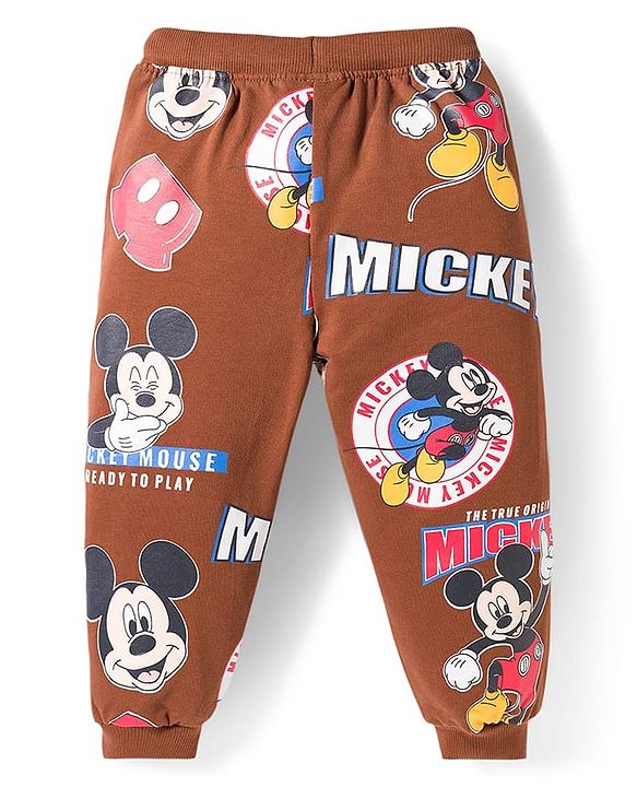 Babyhug Disney Terry Knit Full Sleeves Co-ords T-Shirt & Lounge Pant Set with Mickey Mouse Print - Brown
