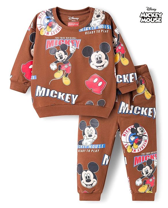 Babyhug Disney Terry Knit Full Sleeves Co-ords T-Shirt & Lounge Pant Set with Mickey Mouse Print - Brown