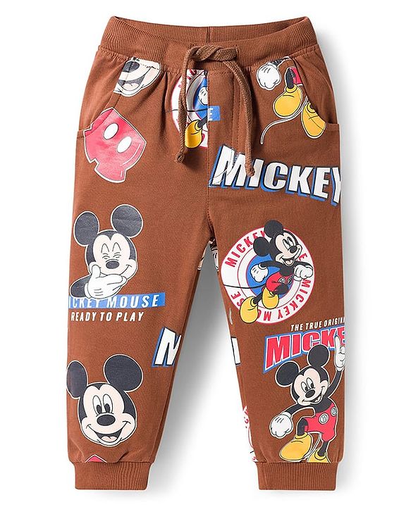 Babyhug Disney Terry Knit Full Sleeves Co-ords T-Shirt & Lounge Pant Set with Mickey Mouse Print - Brown
