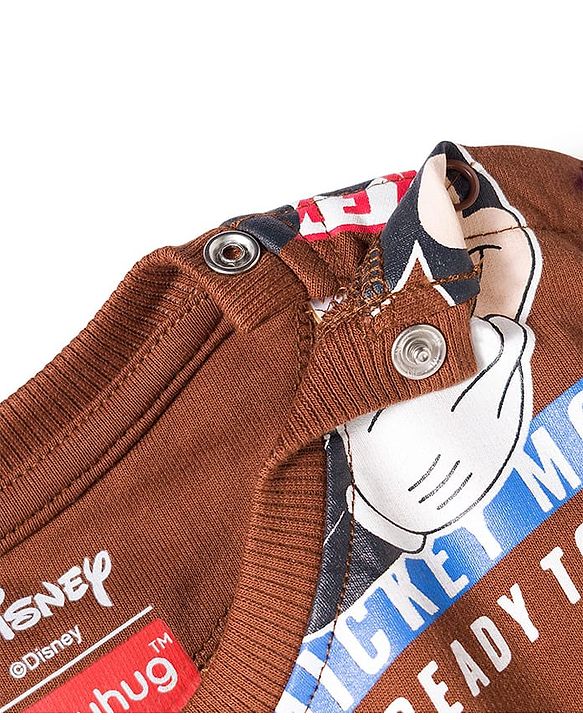 Babyhug Disney Terry Knit Full Sleeves Co-ords T-Shirt & Lounge Pant Set with Mickey Mouse Print - Brown