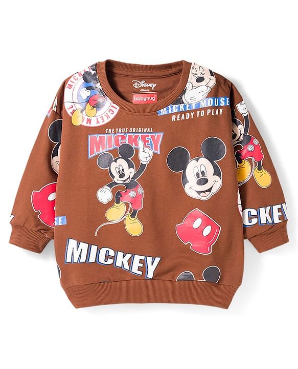 Babyhug Disney Terry Knit Full Sleeves Co-ords T-Shirt & Lounge Pant Set with Mickey Mouse Print - Brown