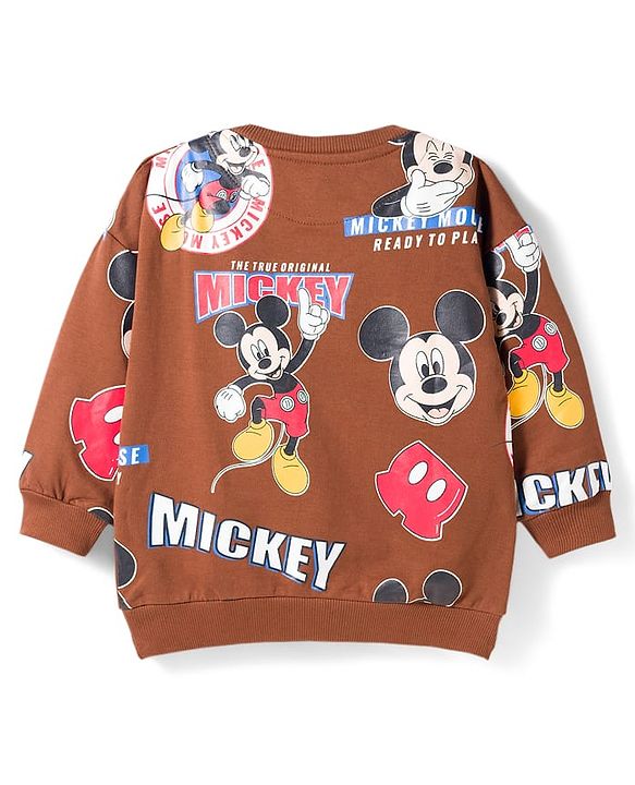 Babyhug Disney Terry Knit Full Sleeves Co-ords T-Shirt & Lounge Pant Set with Mickey Mouse Print - Brown