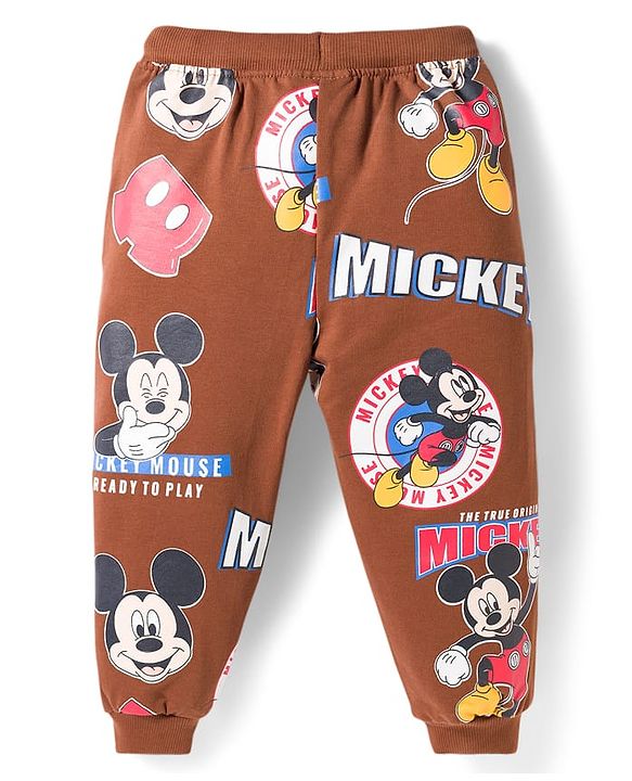 Babyhug Disney Terry Knit Full Sleeves Co-ords T-Shirt & Lounge Pant Set with Mickey Mouse Print - Brown