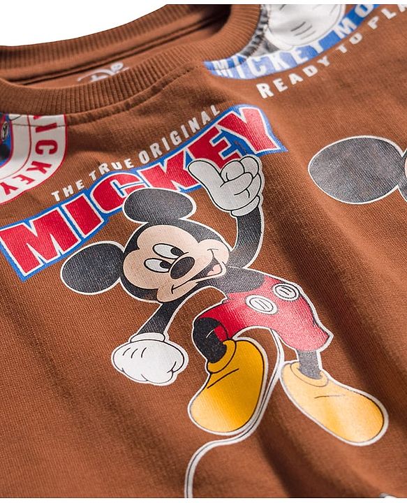 Babyhug Disney Terry Knit Full Sleeves Co-ords T-Shirt & Lounge Pant Set with Mickey Mouse Print - Brown