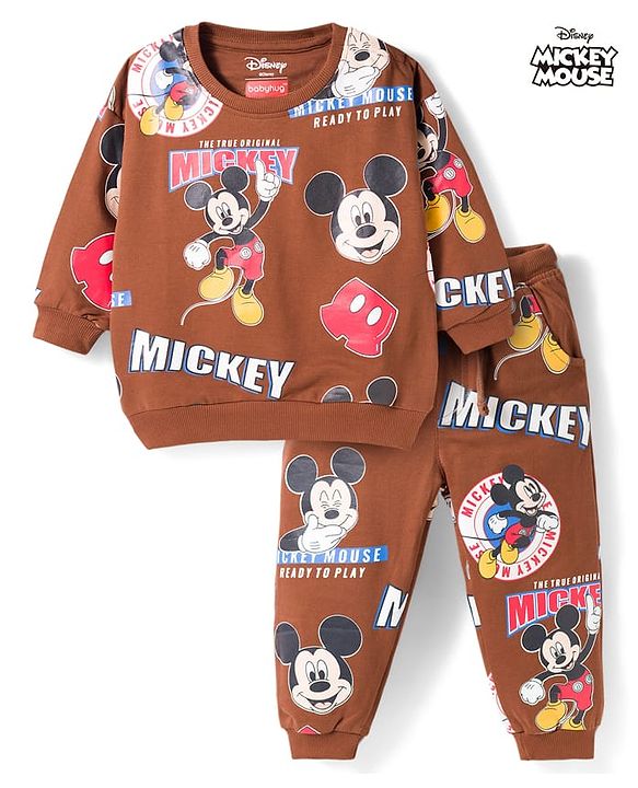 Babyhug Disney Terry Knit Full Sleeves Co-ords T-Shirt & Lounge Pant Set with Mickey Mouse Print - Brown