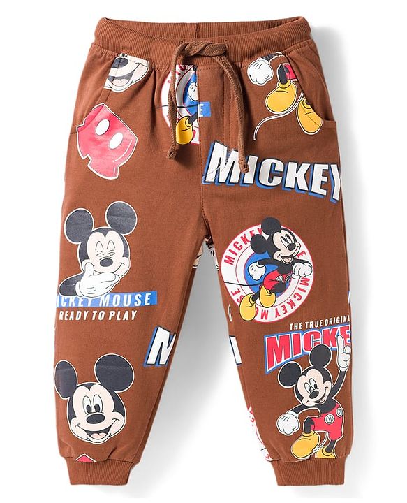 Babyhug Disney Terry Knit Full Sleeves Co-ords T-Shirt & Lounge Pant Set with Mickey Mouse Print - Brown