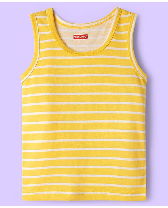 Babyhug 100% Cotton Knit Sleeveless Sando with Dino Print & Stripes Pack of 3 - Yellow White & Light Blue