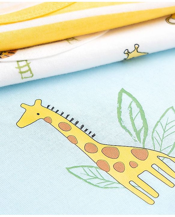 Babyhug 100% Cotton Knit Sleeveless Sando with Dino Print & Stripes Pack of 3 - Yellow White & Light Blue