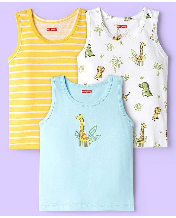 Babyhug 100% Cotton Knit Sleeveless Sando with Dino Print & Stripes Pack of 3 - Yellow White & Light Blue