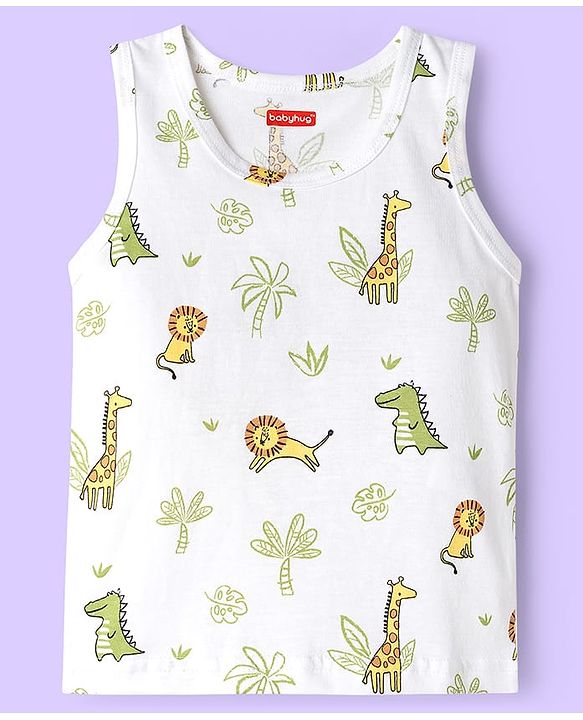 Babyhug 100% Cotton Knit Sleeveless Sando with Dino Print & Stripes Pack of 3 - Yellow White & Light Blue