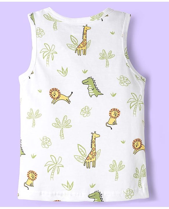 Babyhug 100% Cotton Knit Sleeveless Sando with Dino Print & Stripes Pack of 3 - Yellow White & Light Blue
