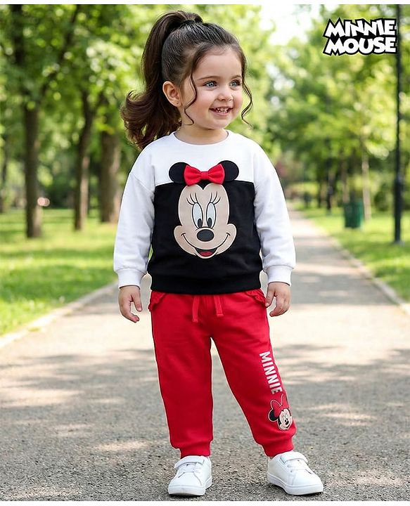 Babyhug Disney Terry Knit Full Sleeves T-Shirt & Track Pant with Minnie Mouse & Bow Detailing - Multicolor