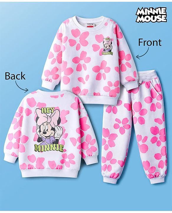 Babyhug Disney Terry Knit Full Sleeves T-Shirt & Track Pant with Minnie Mouse Graphic & Badge Detailing - White