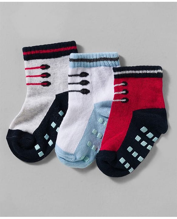 Cute Walk by Babyhug Non Terry Knit Ankle Length Anti Skid Anti Bacterial Socks With Design Pack Of 3 - Red White & Light Blue