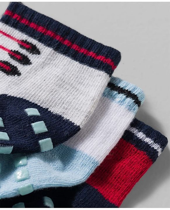 Cute Walk by Babyhug Non Terry Knit Ankle Length Anti Skid Anti Bacterial Socks With Design Pack Of 3 - Red White & Light Blue