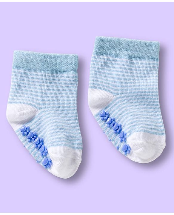 Cute Walk by Babyhug Non Terry Knit Ankle Length Anti Bacterial Anti Skid Sock With Stripes Pack Of 3 - Light Blue & White