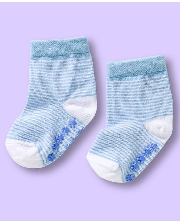 Cute Walk by Babyhug Non Terry Knit Ankle Length Anti Bacterial Anti Skid Sock With Stripes Pack Of 3 - Light Blue & White