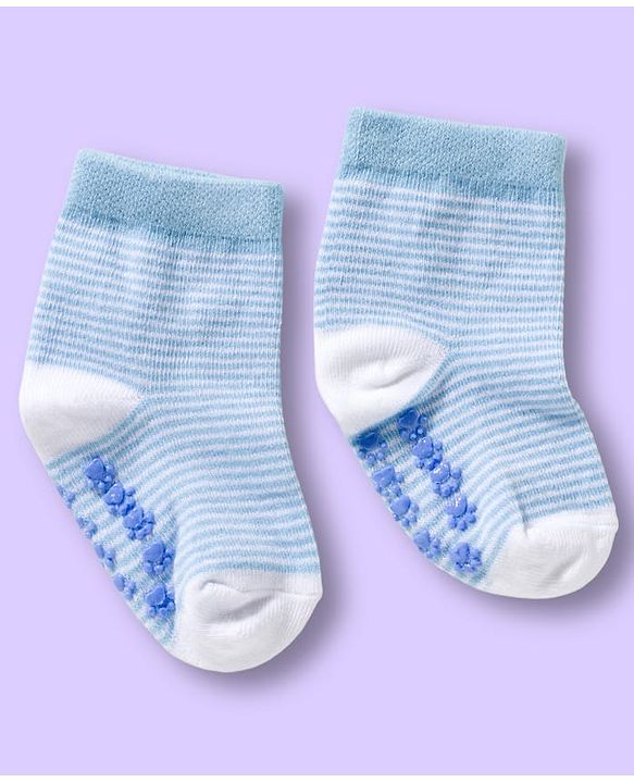 Cute Walk by Babyhug Non Terry Knit Ankle Length Anti Bacterial Anti Skid Sock With Stripes Pack Of 3 - Light Blue & White