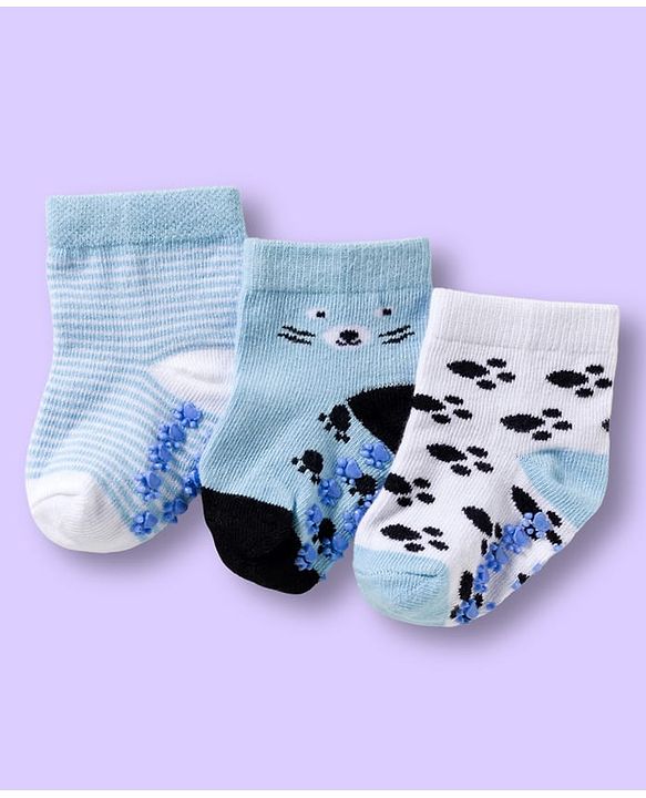 Cute Walk by Babyhug Non Terry Knit Ankle Length Anti Bacterial Anti Skid Sock With Stripes Pack Of 3 - Light Blue & White